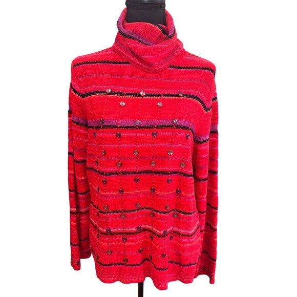 Sigrid Olsen Embellished Striped Turtleneck Sweater Red Button Detail Casual L - Picture 1 of 8
